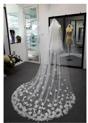 HWJFDC Brautschleier Weißer Langer Kathedralen-Hochzeitsschleier mit 3D-Blumen, floraler Spitze und Blütenblättern, Braut-Hochzeitszubehör(Ivory,250cm)