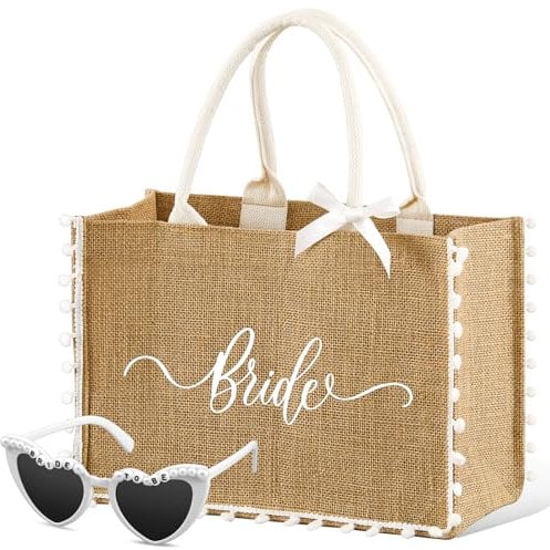 Weewooday 2 Stück Braut Geschenke Set Jute Braut Tragetasche Bride To Be Brille Herzförmige Sonnenbrille JGA Bride Tote Bag mit Band 35 x 25 x 13 cm Zubehör für Hochzeit Brautparty Frauen (Bommel)