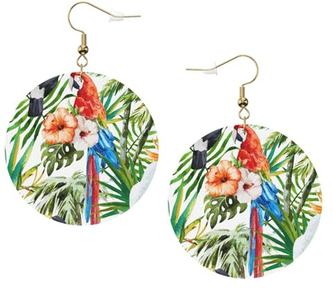 Tukane, Papageien, Palme, Blätter, Leder, runde Ohrringe, Farbe, Valentinstag, Festival, Aktivitäten, Mode für Damen, Einheitsgröße, Kunstleder