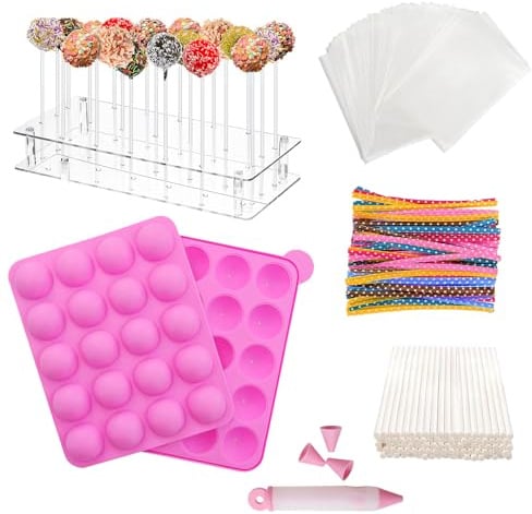 Cake Pop Maker Kit, Silicone Cake Pop Mould with Acrylic Display Stand Holder, Lollipop Sticks, Treats Bags, Twist Ties Decorating Pen (Pink-Holder Set)
