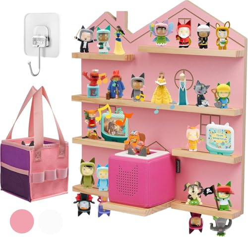 Gieanoo Rosa Haus Tonie Regal Wandmontage Kompatibel mit Toniesbox 1 und 2 | Magnetische Holz Schwimmende Regale Kompatibel mit Tonie Box Player Tonie Figuren Lagerung, Tonieregal zum Hinstellen
