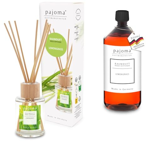 pajoma® Raumduft Lemongrass 100 ml + Nachfüller 1000 ml | Komplett-Set mit Rattanstäbchen | Langanhaltender Diffuser, Premium Qualität