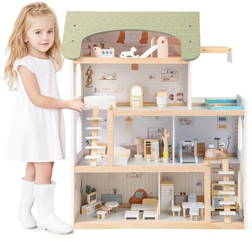 FANTASK Puppenhaus Holz, Puppen-Villa mit 33 Möbelstücken, Balkon & Pool, Puppenvilla Traumvilla, Kinder Dollhouse, Spielzeuggeschenk für Mädchen & Jungen ab 2 Jahren