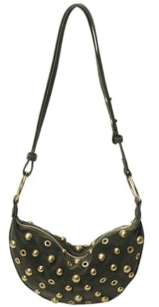 Frauen Mädchen Faux Wildleder Nieten Hobo Unterarmtaschen mit Reißverschluss Einzigartige Umhängetasche Dumpling Umhängetasche für Schularbeit Shopping Tägliche Verwendung, grün