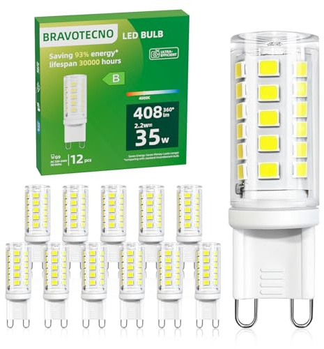 bravotecno G9 LED, Energieklasse B E14 LED Neutralweiss, 4000K 2.2W 408LM G9 Neutralweiß Leuchtmittel Entspricht 35W, 360° Abstrahlwinkel, Nicht Dimmbar, Wärmearm & Langlebig, 12 Stück