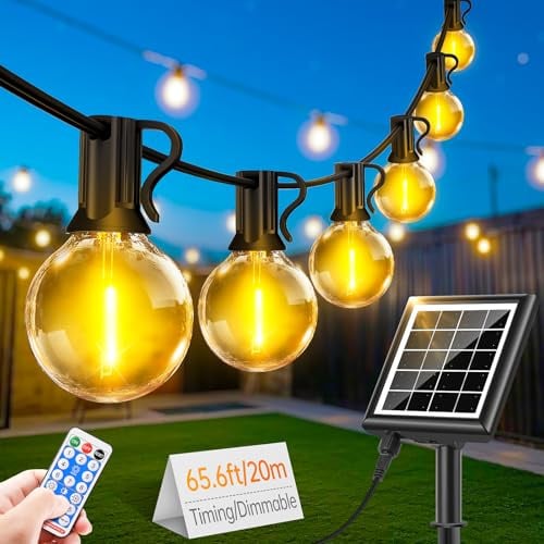 Solar String Festoon Lights Outdoor - Remote Control 20M / 65.6ft USB Rechargeable IP44 Waterproof LED Garden Light Weatherproof Solar Powered Outside Lighting for Gazebo Pergola Patio