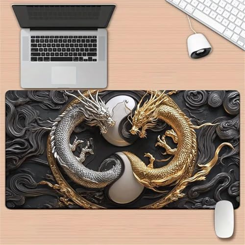 Tapis de Souris de Jeu 1000x500x2mm,sous Main Bureau avec Base en Caoutchouc Antidérapant,Grand Tapis de Souris XXL pour PC et Ordinateur Portable,Dragon d'or argenté