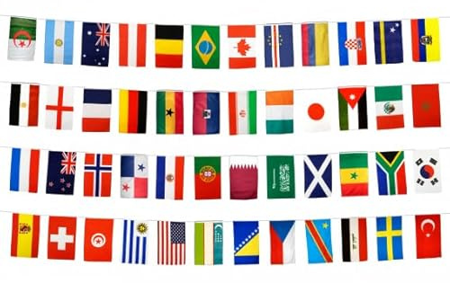 Flaggenfritze® Fahnenkette Fußball-Turnier 2026 – Alle Teilnehmer-Länder der Weltmeisterschaft, WM Wimpelkette für Public Viewing, Gastro & Gartenparty - 15 × 22 cm Fahnen – Gesamtlänge ca. 11,90 m