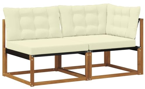 vidaXL Mittel- und Ecksofa mit Kissen 2 Stück Natur Massivholz Akazie, Balkonmöbel, moderner Outdoor-Stil, langlebiges Akazienholz-Loungeset für chillige Gartenmomente