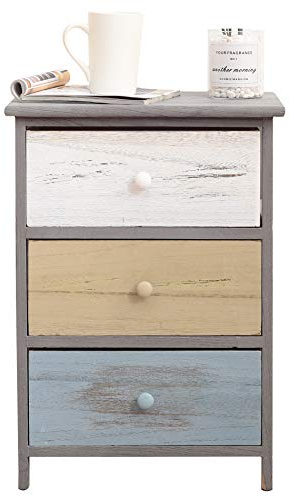 Rebecca Mobili Nachtkommode im Vintage-Stil, Nachtschrank mit 3 Schubladen, Paulownienholz, Grau Beige Blau, Schlafzimmer Wohnzimmer – Maße: 56 x 40 x 29 cm (HxLxB) - Art. RE4883