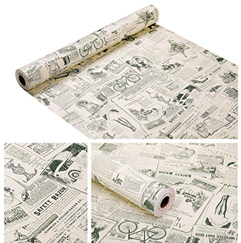 GLOW4U Vintage Newspaper Vinyl Contact Paper Wallpaper Self Adhesive Cabinet Shelf Drawer Liner for Kitchen Bathroom Backsplash Countertop Cupboard Table Desk Wall Decor (45cm x 3m,Smooth)