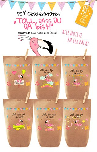 12 bunte FLAMINGO PARTY Geschenktüten - Tüten liebevoll bedruckt aus Kraftpapier, zum Verpacken von Geschenken, Gastgeschenken, Mitgebsel, Giveaways, Kindergeburtstag, Hochzeit.