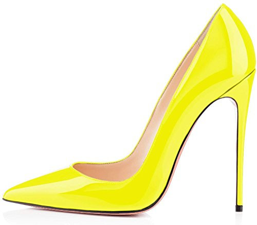 EDEFS Klassische Damen Lack Pumps Stilettos High Heels Abend Schuhe Stilettos 12CM Gelb Größe EU39