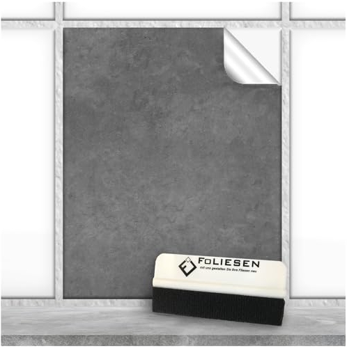 FoLIESEN Fliesenaufkleber 20x25 cm für Bad, Küche, Badezimmer - Fliesen-Folie selbstklebend - 50 Klebefliesen + Rakel, .:Beton - 20x25 cm
