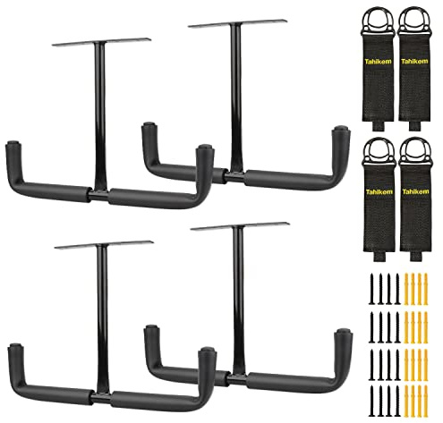 Tahikem 4 Set Overhead Garage Storage Rack, Heavy Duty Overhead Storage Double Hook, Ceiling Mount Hanger Safe Utility Hooks, Hanging for Lumber Ladder Brackets & Other Bulky Items (Pack of 4 - Black)