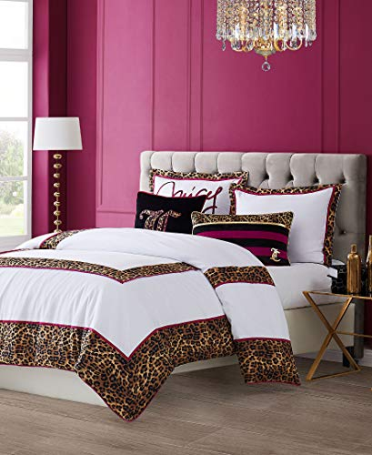Juicy Couture Regent Leopard Bettwäsche-Set, Queen-Size-Größe, Geparden-Bordüre mit rosa und weißem Baumwollsatin, 3-teiliges Set, inklusive 1 228,6 x 233,7 cm, 2 Kissenbezüge