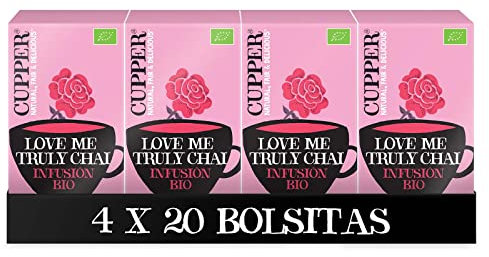 Cupper - Pack de 4 Cajas de 20 Bolsitas de Infusiones Ecológicas Love Me Truly - Propiedades Digestivas - Contiene Canela, Jengibre, Raíz de Regaliz y Clavo - Apto para Veganos