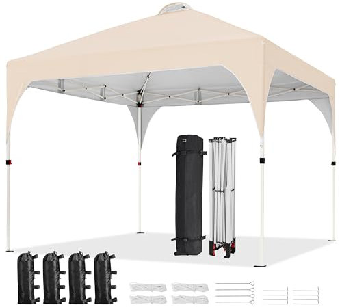 Yaheetech Pop Up Gazebo, 3x3m Garden Instant Shelter Waterproof Garden Patio Canopy with 4 Sandbags, 4 Ropes & 12 Stakes, Wheeled Bag, Metal Frame, Adjustable Height, Top Air Vent, Beige
