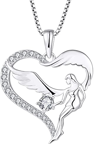 FJ Herz Schutzengel Halskette Damen 925 Sterling Silber Engelsflügel Kette Anhänger Weiß Zirkonia April Geburtsstein Halskette Schmuck Geschenke für Frauen Mädchen