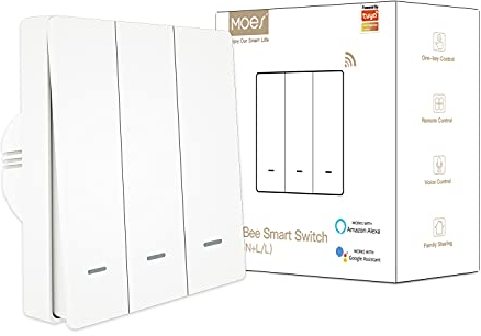 MOES ZigBee Interruptor de luz inteligente No requiere cable neutro, No necesita condensador, Control app Smart Life Tuya, Funciona Alexa Google Home, requiere Tuya ZigBee Hub, 3 Gang, Blanco