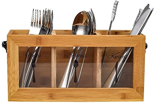 JEKUGOT Bamboo Utensil Cutlery Holder,Kitchen Tableware Storage Box,Silverware Caddy Organizer Bin Holder for Forks, Spoons, Knives,Suitable Kitchen Decoration