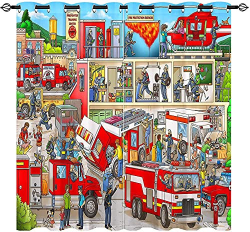 LKCD Verdunkelungsvorhang Für Kinderzimmer - Cartoon Feuerwehr Feuerfest 234X230Cm Thermovorhang, Blickdichter Vorhang Mit Schlaufen, 2Er-Set Gardinen, Blickdicht