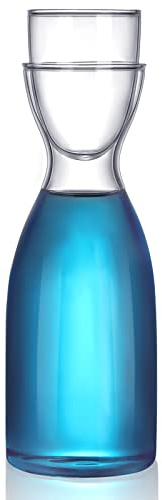 Nachttisch Wasserkaraffe Set mit Becher Glas Set für Badezimmer Mundwascher Spender Mundwaschbehälter Dekanter mit Tasse Glaskrug Flaschenbehälter, Nachttisch oder Küche, 600ml (1)