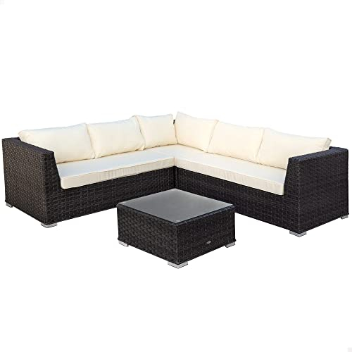 AKTIVE 61072 Modulares Ecksofa mit Tisch und Kissen, Stahl, Rattan, Glass, Polyester, cremefarben, Groß