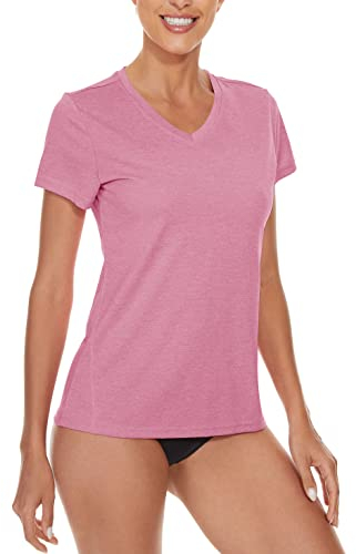 KEFITEVD V-Neck Fitness T-Shirt Damen Kurzarm Sport Top Leicht Atmungsaktiv Funktionsshirt Lässig Sportshirt Meliert Rosa M