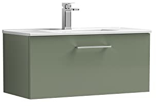 nuie ARN825B Arno Modern Bathroom Wall Hung 1 Drawer Vanity Unit with Minimalist Ceramic Basin, 800mm, Satin Green
