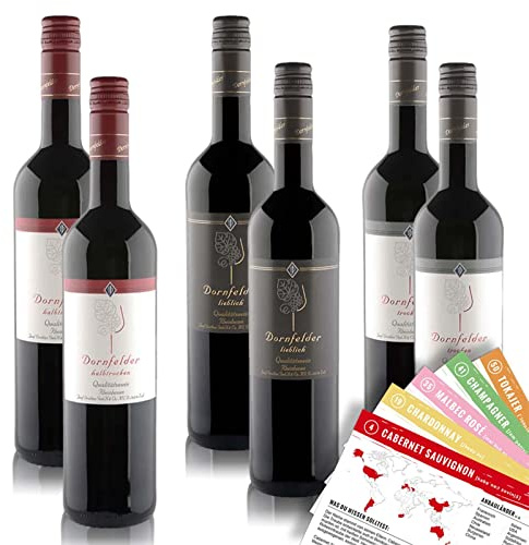 VINOX Dornfelder Probierpaket | trocken - halbtrocken - lieblich | Dornfelder Rotwein Mischpaket | 3 verschiedene Geschmackssorten | mit VINOX Weinkarten vom Sommelier im (6x0,75 l) Weinpaket