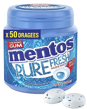 Mentos Gum Chewing-Gum Mentos Pure Fresh Parfum Fresh Mint, Sans Sucres, Boîte de 50 Dragées, 100g