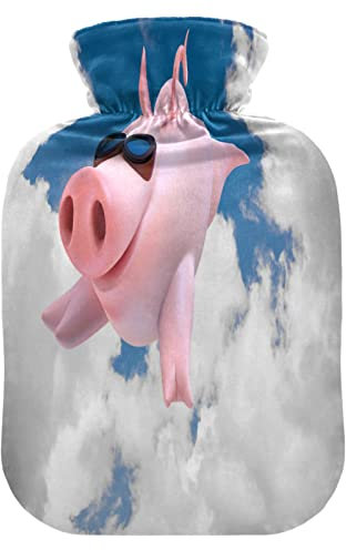 Mnsruu Blue Sky Pig Wärmflasche mit Samtbezug, 1 l transparenter Wärmbeutel zur Linderung von Handschmerzen, Heiß- und Kältetherapie-Krämpfen