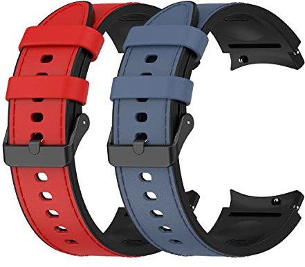Echtes Lederarmband für Samsung Galaxy Watch 7/Watch6/Watch 5 Pro/Watch4 40mm 44mm Silikonarmband für Galaxy Watch 6/4 Classic Ersatzarmband 2er-Pack (Größe L, Rot+Blau)