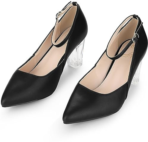 Perphy Escarpins à Talons épais Transparents avec Bride à la Cheville et Bout Pointu pour Femmes Noir 38.5