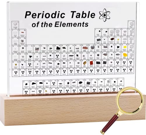 SETHVILL Periodensystem mit 83 echten Elementen im Inneren, Acryl Periodensystem der chemischen Elemente mit Holzständer und Lupe, Periodensystem Display mit Elementen für Lehrer Schüler