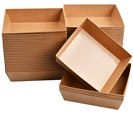 50 Pièces Barquettes en Carton Kraft, Assiette Brune, Plateaux Alimentaires Jetables en Papier, Bol Jetable pour Collations Frites Salade Sushis Gâteau (12,5 x 11 x 3,5 cm)