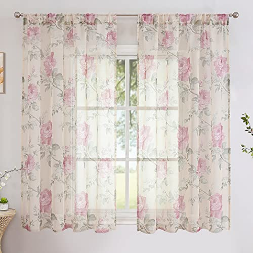 BUHUA 2 Stücke Voile Gardinen Vorhang Halbtransparent Wohnzimmer Blumen Muster Rosa 137x140cm