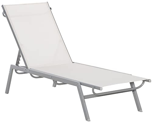 Outsunny Garten-Sonnenliege Relaxliege mit 5-stufige Rückenlehne aus Metall Cremeweiß 170 x 58 x 97 cm