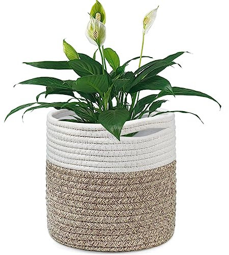 Tenn Well 20 cm Indoor-Topf für Pflanzen mit Einsatz, Baumwolle gewebter Aufbewahrungskorb große Blumentöpfe für Zimmerpflanzen, Blumentopf, Wäsche-Organizer und Heimdekoration (Weiß und Khaki)