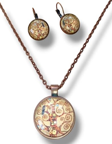 Set Parure L' Albero Della Vita,Orecchini e Collana con Ciondolo Cabochon, Idea Originale per Regalo Natale, Fatto a Mano, Gioielli Donna Albero Della Vita