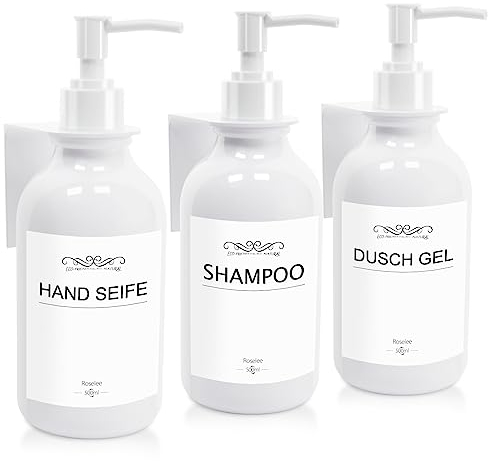 Roselee 3er Seifenspender Wandbefestigung Set, Seifenspender Dusche Ohne Bohren 500ml Seifenspender Wandmontage Weiß Shampoo Spender mit Trichter und Wasserdichten Etiketten für Küche Bad
