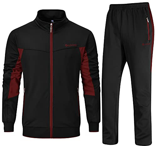 Rdruko Mens Long Sleeve Tracksuits | 2 Piece Casual Sweatsuits Sports Lounge Wear Sets Zip Jacket Full Set Open Hem Running Drawstring Joggers with Zipper Pockets