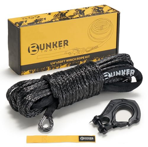 BUNKER INDUST Synthetisches Windenseil-Set, 6,3 mm x 15,7 m, 500 kg, mit Schutzhülle, geschmiedetem Seilwinde Haken und Gurt, Nylon-Windenkabel, Ersatz für 1,587 - 2,721 kg Seilwinde, Offroad-ATV, UTV