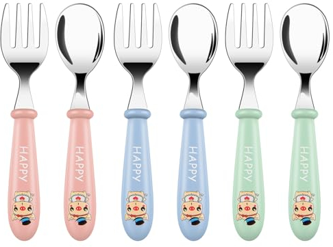 Vicloon Set de Couverts en INOX Enfant, 6PCS Fourchette et Cuillère Enfant Prise Facile Acier Inoxydable pour Tout-Petit Stensiles d'apprentissage Parfaits-Petit Porcin