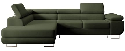 Selsey STEVIL - Ecksofa L-Sofa mit Schlaffunktion, Bettkasten, Ottomane links, Veloursbezug Olivgrün