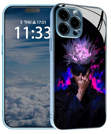 HWLHJJ Anime Farb Handyhülle - Stoßfeste weiche Silikonhülle - Manga Glas Schutzhülle (Blau, JJK Satoru Gojo,für iPhone 14 Pro)