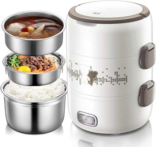 MAHWER Electric Lunch-Box Food Heat Up, Stainless Steel Electric Lunch Box for Home and Office, 3 Layers Self Heating Lunch Box with Removable Food Container