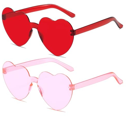 JCTAIFOO 2 pares de gafas de sol de corazón para damas transparentes sin montura de color caramelo gafas de sol lindas niñas en forma de corazón, rojo+rosa
