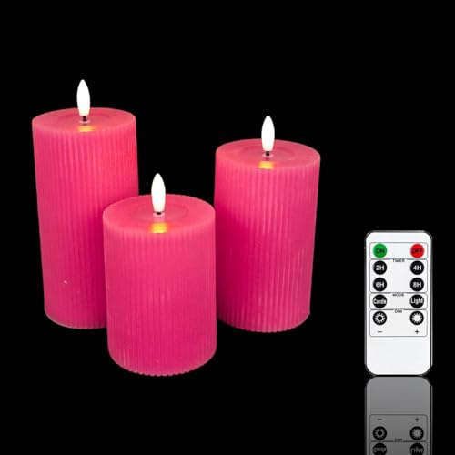 Meisterhome® 3er-Set Flammenlose LED Kerzen - Pink - Ribble Design Stumpenkerze - mit Fernbedienung – mit Timer - Batteriebetrieben – Warmweiß - 10/12,5/15 cm hoch - mit flackernder Flamme